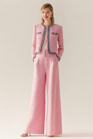 2 Piece Pink Tweed Long Sleeve Women's Suits
